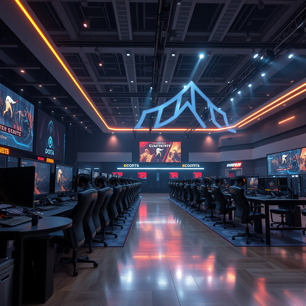Modern eSports arena with gaming setups, LED lighting, and competitive gaming atmosphere showcasing professional Counter Strike and Dota tournaments
