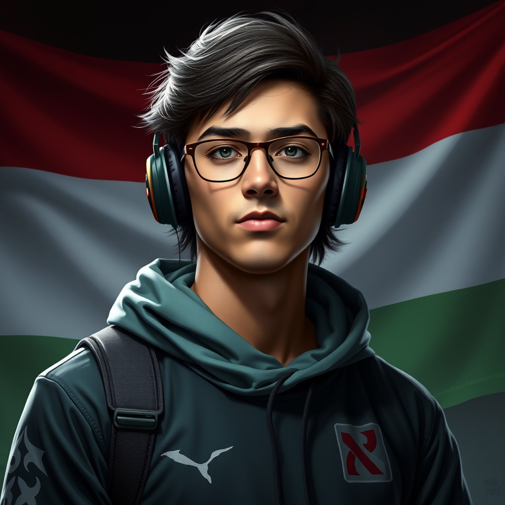 Dota 2 professzionális játékos portréja, magyar zászlóval a háttérben