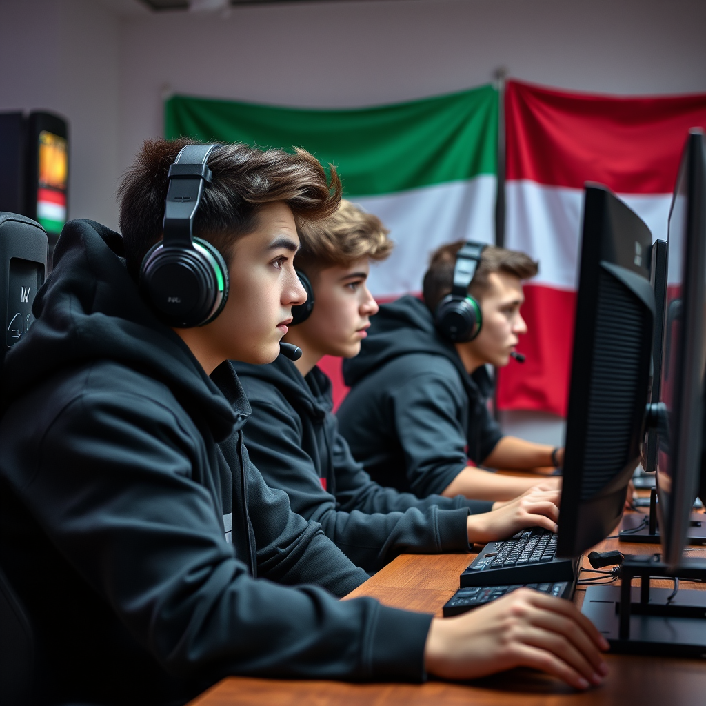 Fiatal magyar eSports játékosok versenyeznek számítógépeik előtt, koncentráltan nézik a monitorokat, háttérben magyar zászló és gaming felszerelések