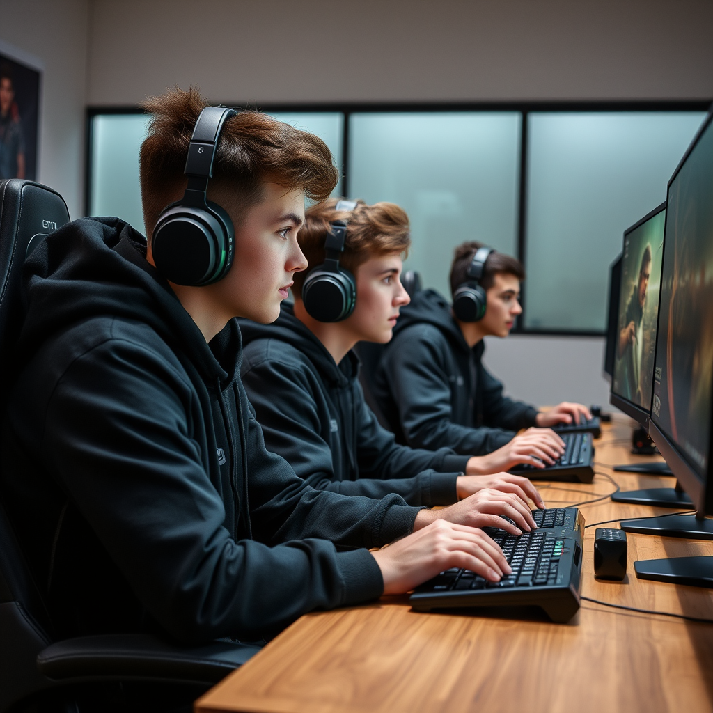 Fiatal magyar eSports játékosok edzés közben modern gaming felszerelésekkel, monitorok és billentyűzetek előtt ülve, koncentráltan játszva Counter Strike és Dota meccseket