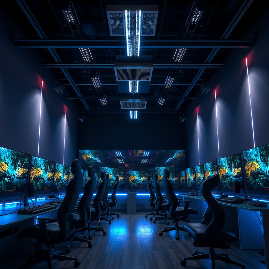 Modern gaming arena belső tere high-end gaming számítógépekkel, LED világítással és professzionális gaming székekkel
