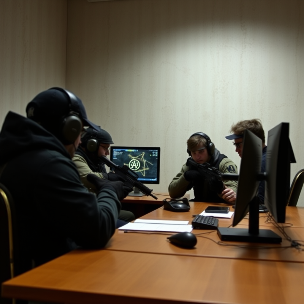 Magyar Counter-Strike 2 csapat stratégiai megbeszélést tart, játékosok monitrok előtt ülnek és taktikákat elemeznek