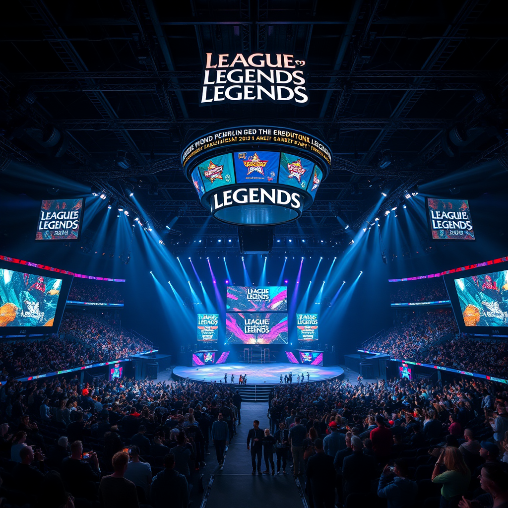 League of Legends World Championship 2024 színpada tele rajongókkal, nagy LED képernyőkkel és világítással