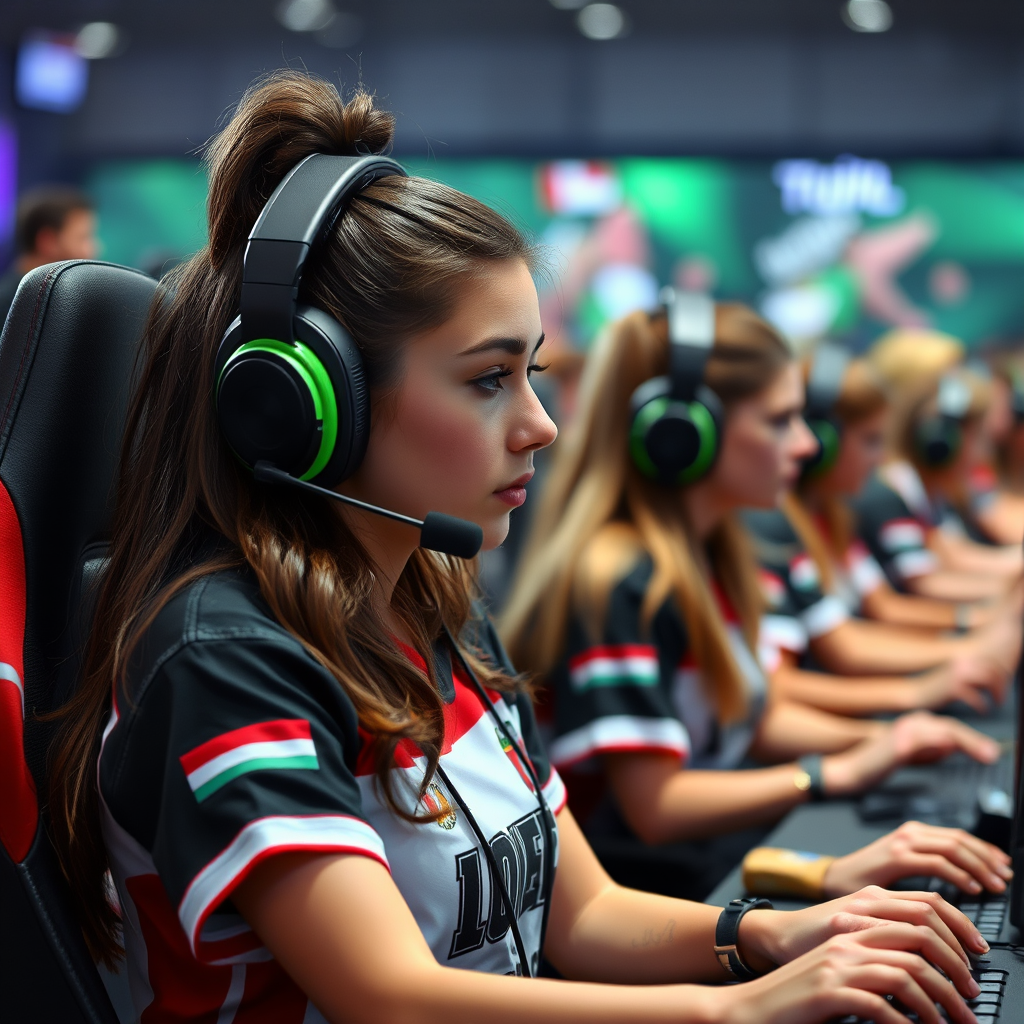 Magyar női eSport játékosok versenyeznek egy tornán, gaming felszerelésekkel és csapat mezekben