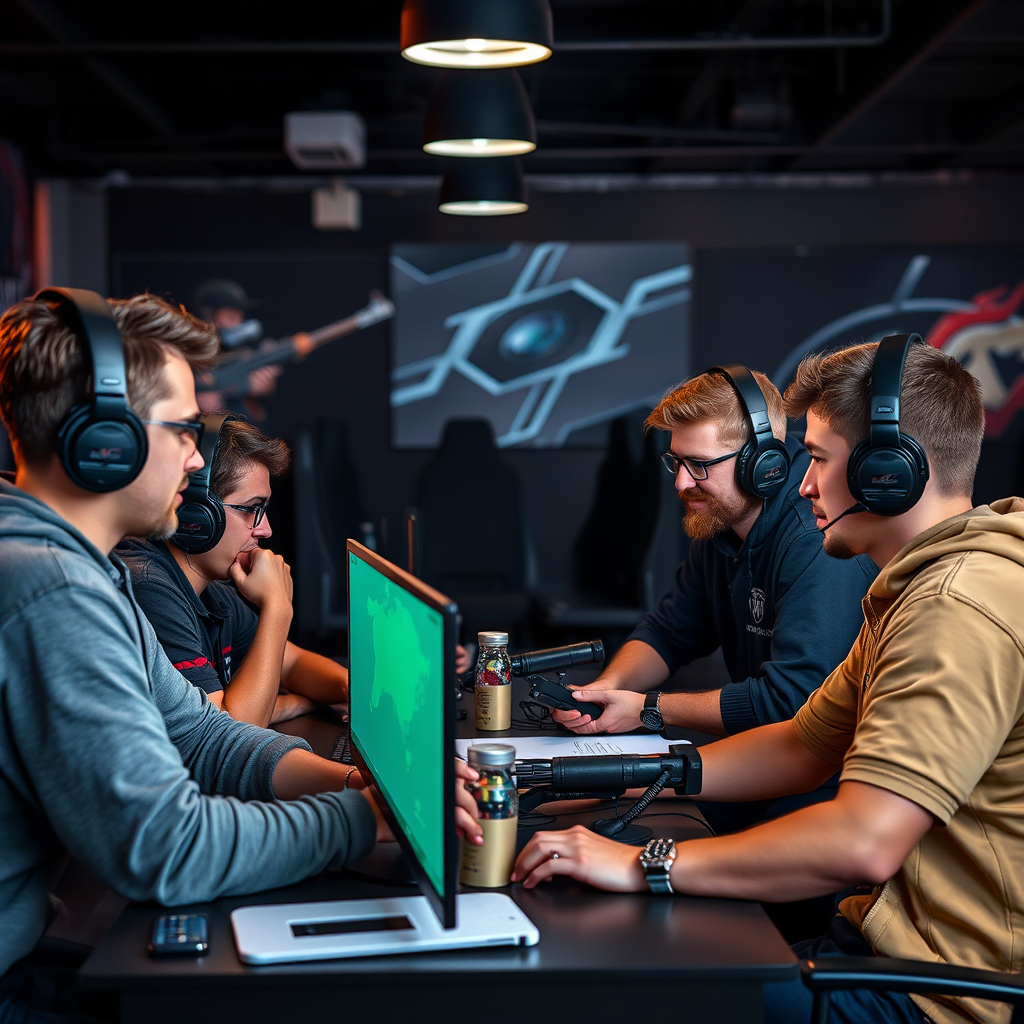 Diverse group of Hungarian eSports enthusiasts and professional gamers collaborating and discussing Counter Strike and Dota strategies in a modern gaming environment