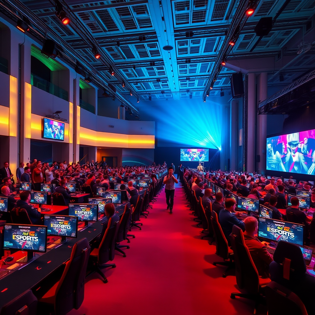 Modern gaming aréna Budapesten, sorok gaming számítógépekkel, LED világítással, nagy kijelzőkkel és eSports verseny közönséggel