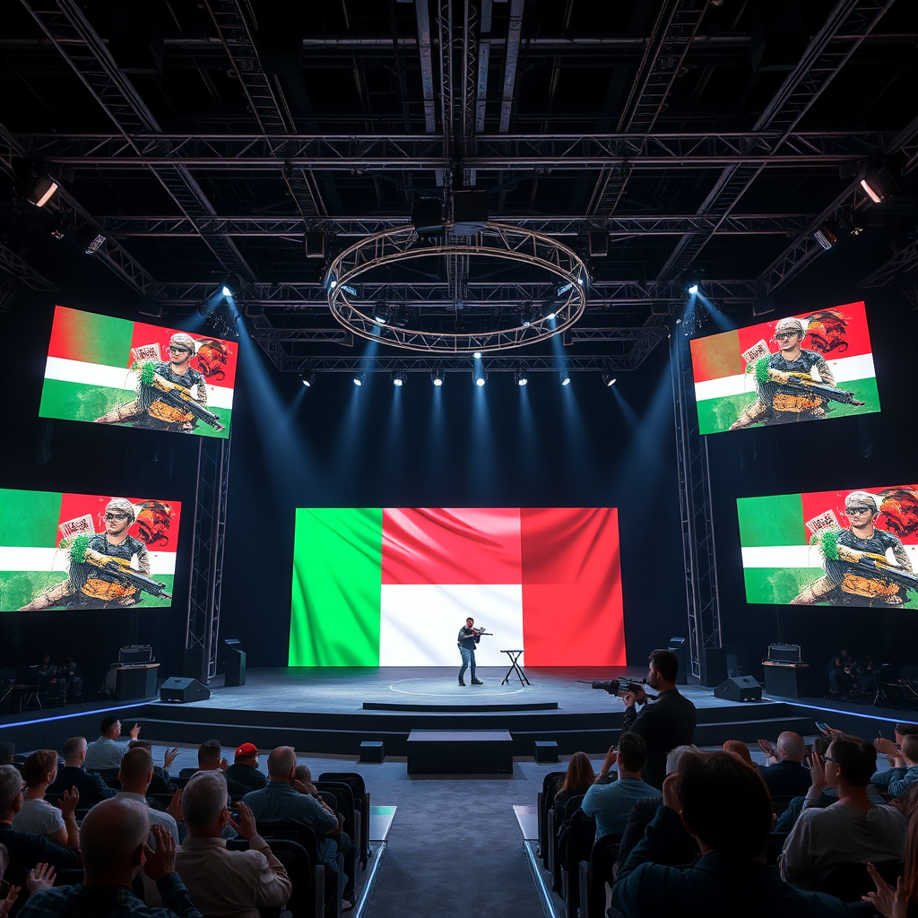 Counter Strike verseny színpad magyar zászlóval, nagy képernyőkön játékmenetek láthatók, közönség tapsolva a háttérben