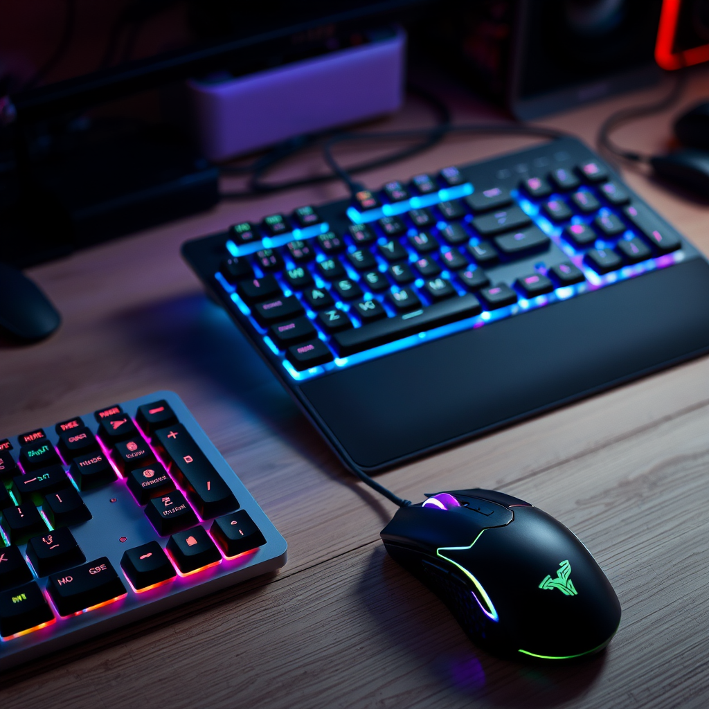 Professzionális gaming setup RGB világítással, mechanikus billentyűzettel és gaming egérrel