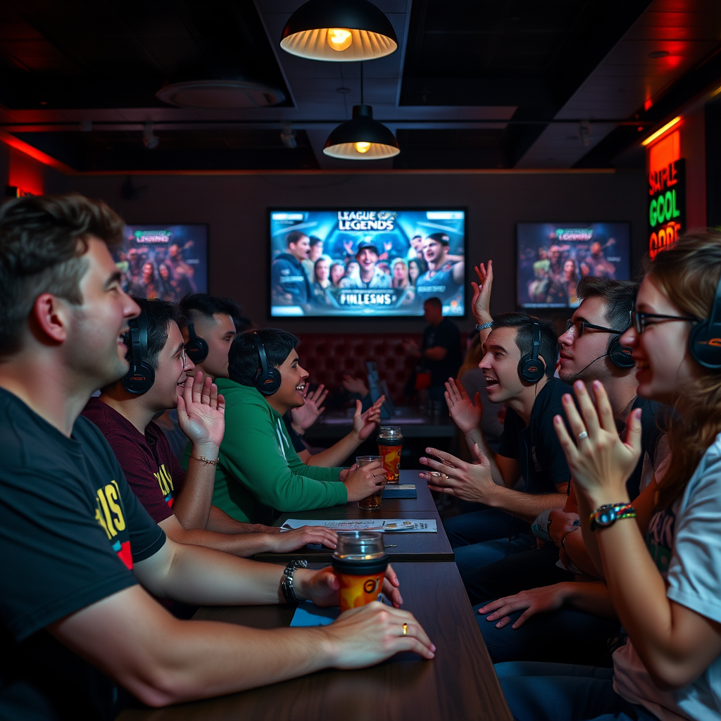 Magyar League of Legends rajongók egy budapesti gaming kávézóban együtt nézik a World Championship döntőjét, lelkes szurkolással