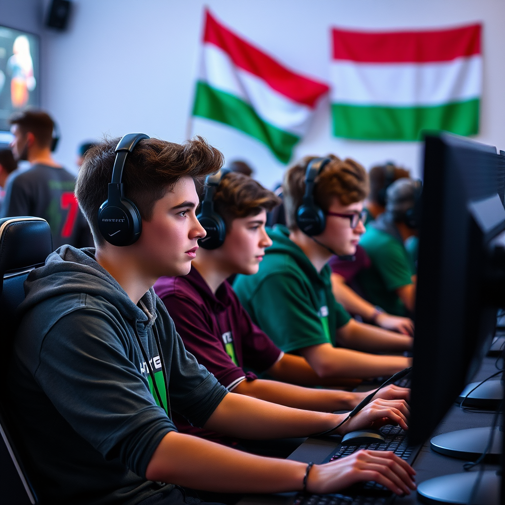 Fiatal magyar eSports játékosok versenyeznek nemzetközi tornán, koncentráltan nézik a monitorokat, háttérben magyar zászló és gaming felszerelések