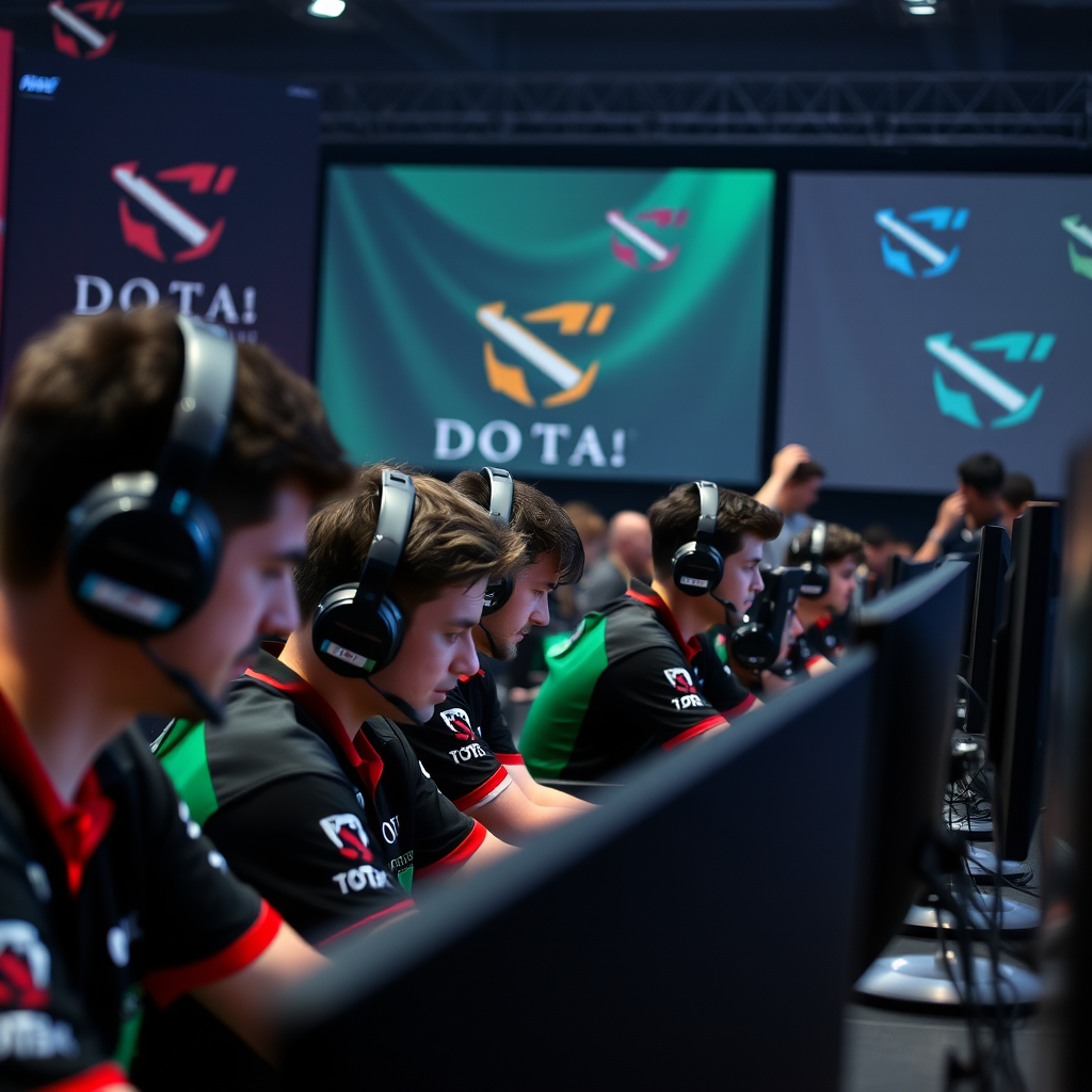 Dota bajnokság meccs magyar csapattal, játékosok koncentráltan a képernyők előtt, háttérben csapat logók és szponzor bannerek