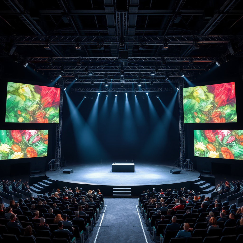 Verseny színpad setup nagy LED kijelzőkkel, reflektorokkal és nézőtérrel