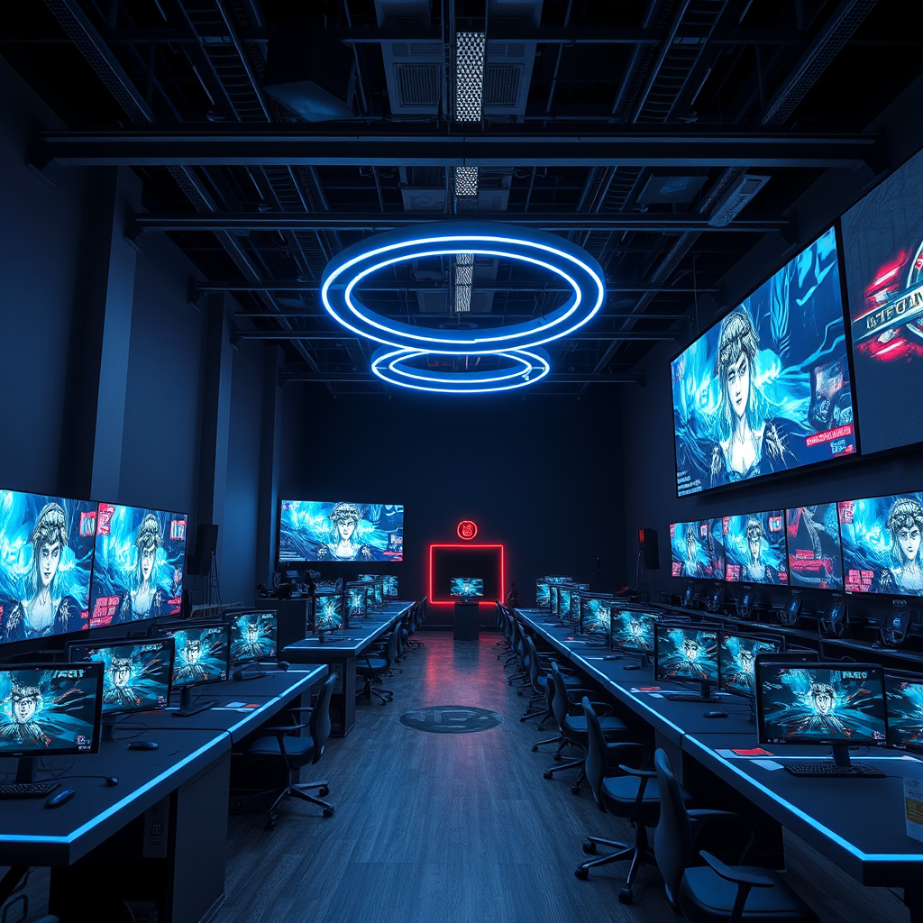 Modern gaming aréna Budapesten, high-tech számítógépekkel, LED világítással, nagy kijelzőkkel és versenyző asztalokkal felszerelve