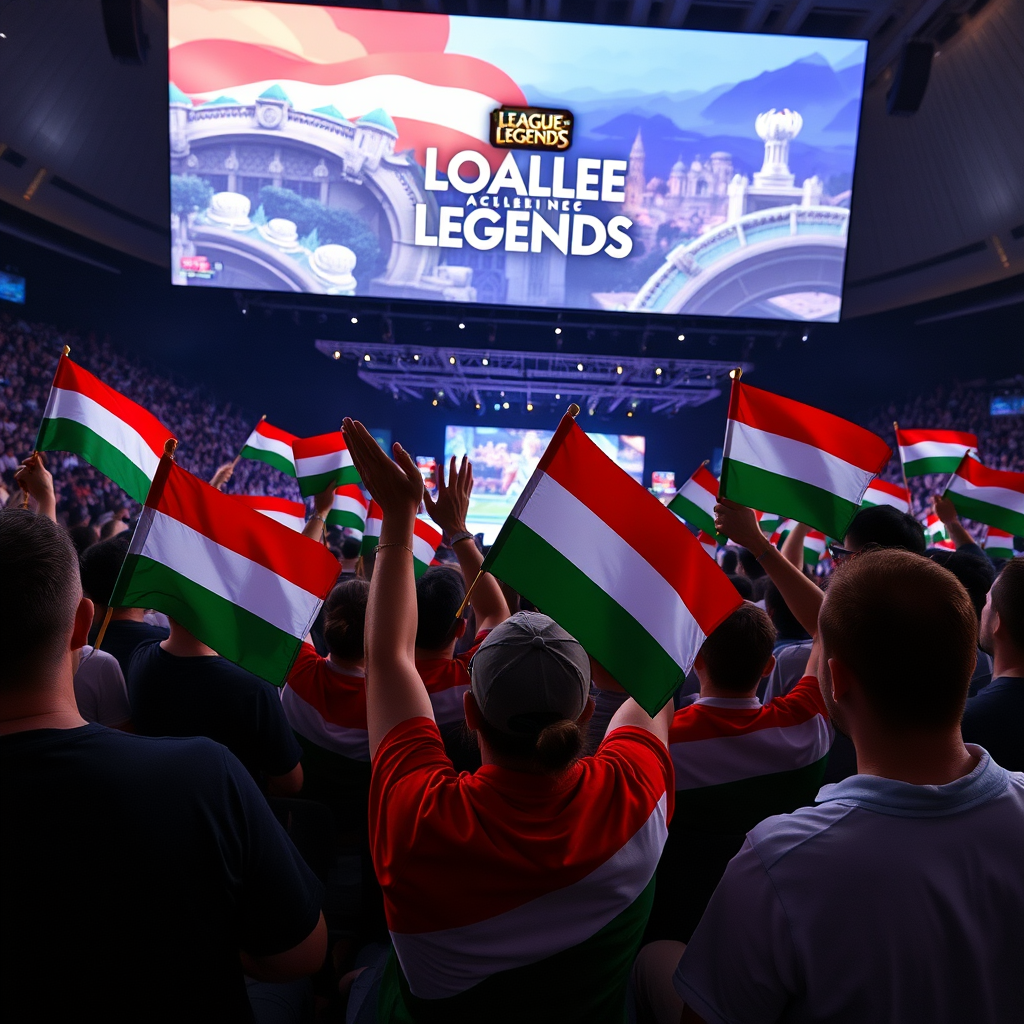 League of Legends világbajnokság nézői Magyarországon, rajongók magyar zászlókkal, nagy képernyő előtt izgulva