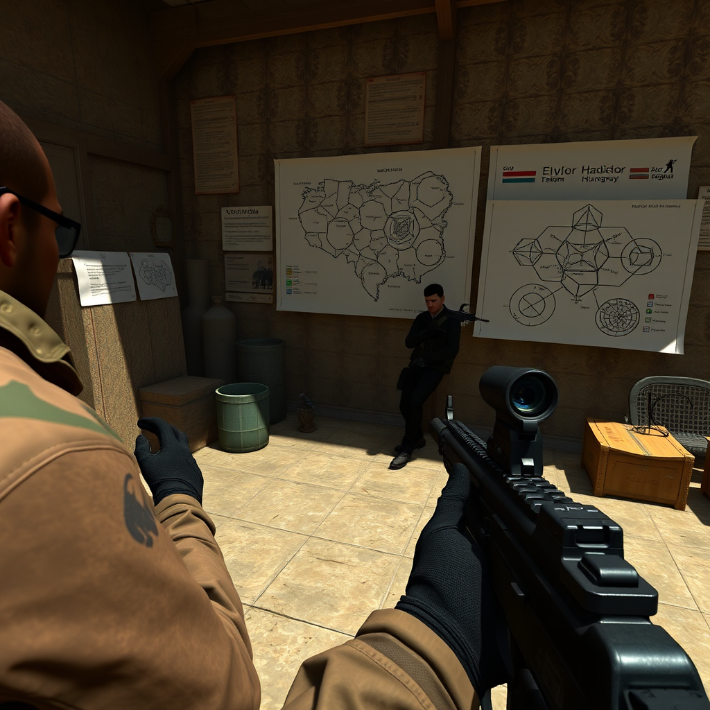 Counter-Strike 2 játékjelenet magyar csapat stratégiai megbeszélésével, térképelemzéssel és taktikai diagramokkal a háttérben