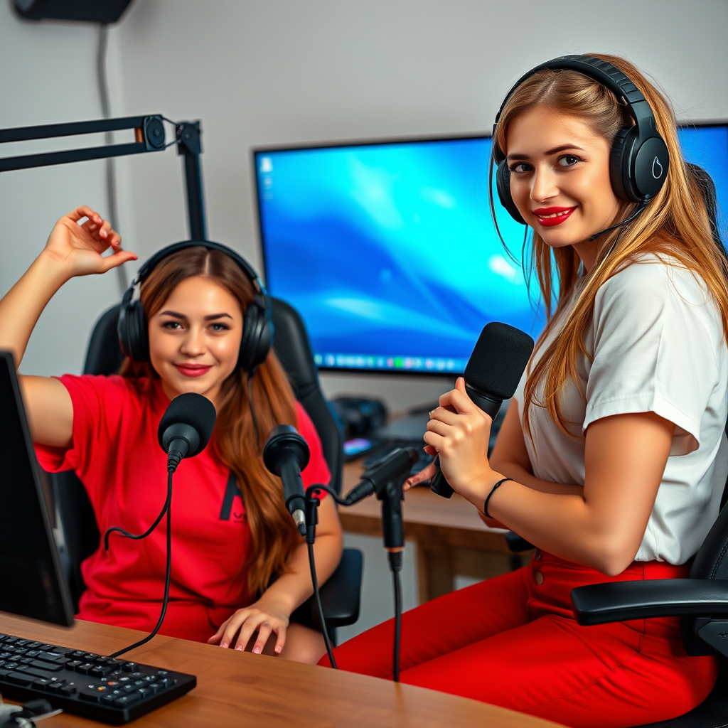 Magyar női eSports játékosok és tartalomkészítők gaming setupjaikkal, mikrofon és kamera előtt, erős és magabiztos pózban