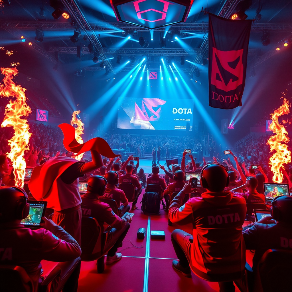 Intense Dota championship final with teams battling for victory in professional eSports arena